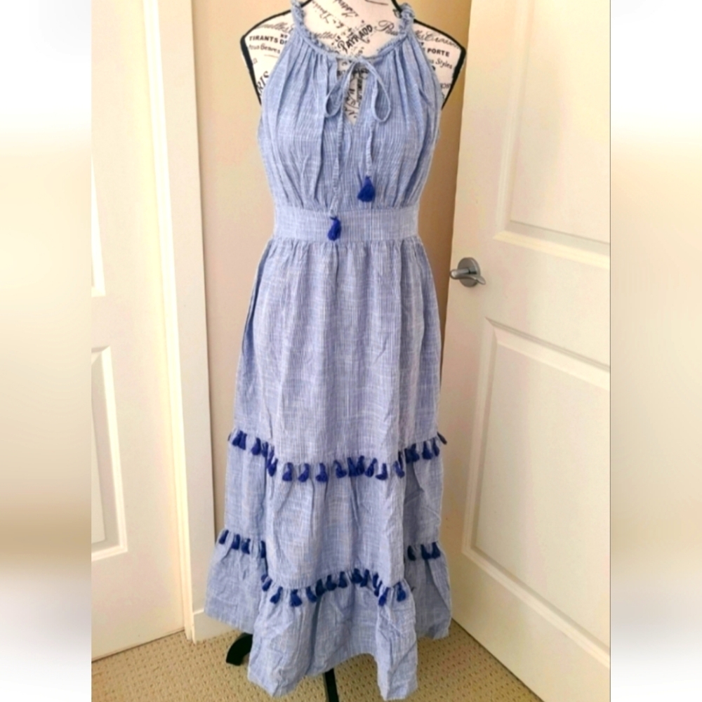 Boho Maxi Summer Dress Blue/White Flowy Cotton Tiered/Tassels-XS-S Sleeveless